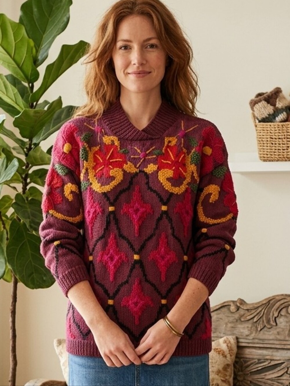 Vintage Knitting Needles Knit Floral Shawl Collar Sweater Bright Red Medium